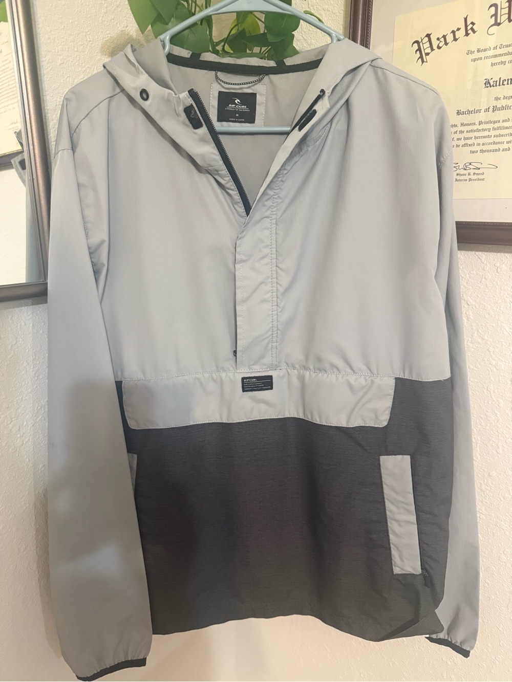 Light Gray and Charcoal Hooded Pullover Jacket